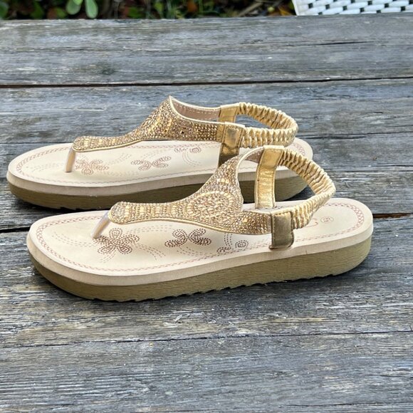 Forever Thong Sandals Gold Rhinestones 6 1/2 - Picture 4 of 11
